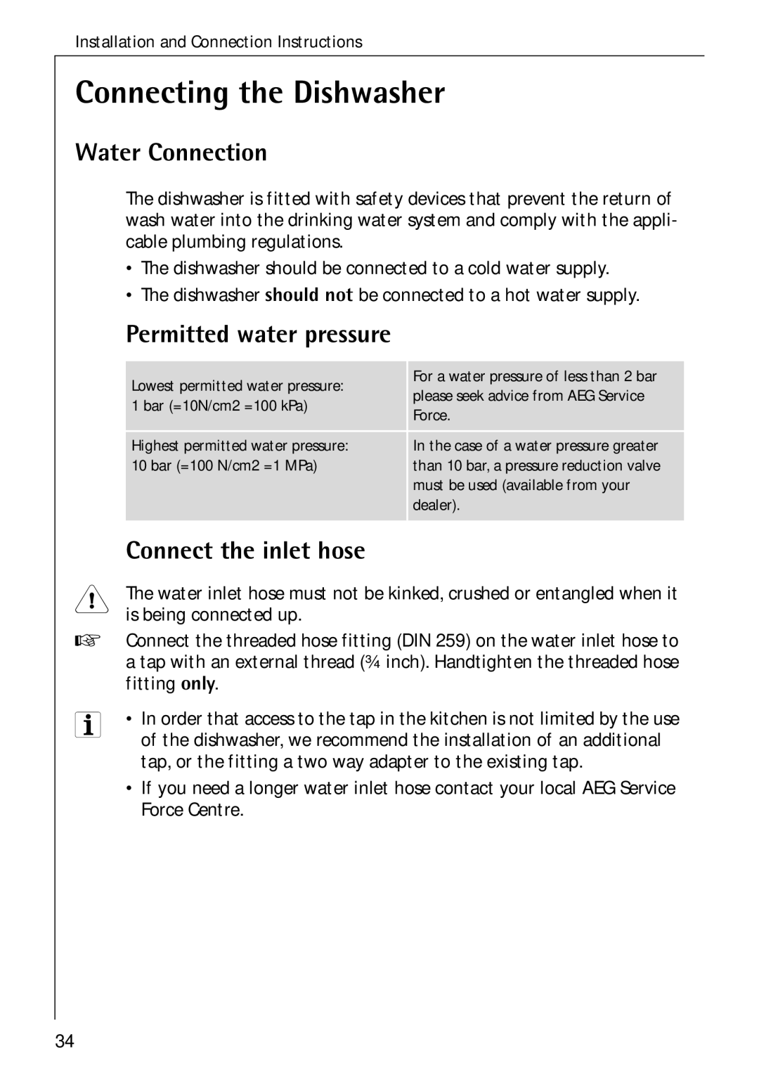 Electrolux 60750 VI manual Connecting the Dishwasher, Water Connection, Permitted water pressure, Connect the inlet hose 