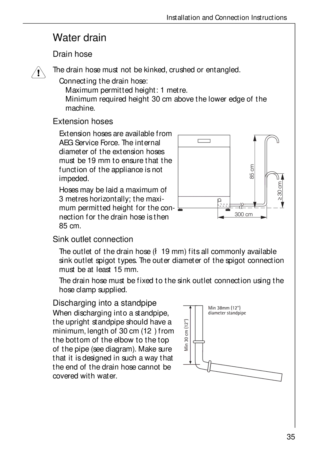 Electrolux 60750 VI manual Water drain, Drain hose, Extension hoses, Sink outlet connection, Discharging into a standpipe 