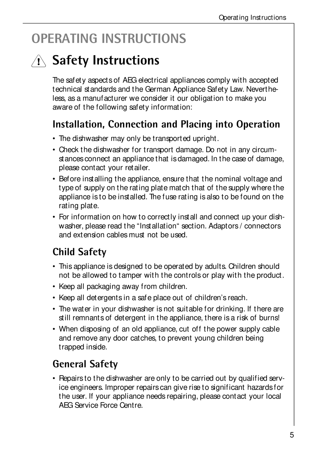 Electrolux 60750 VI Safety Instructions, Installation, Connection and Placing into Operation, Child Safety, General Safety 