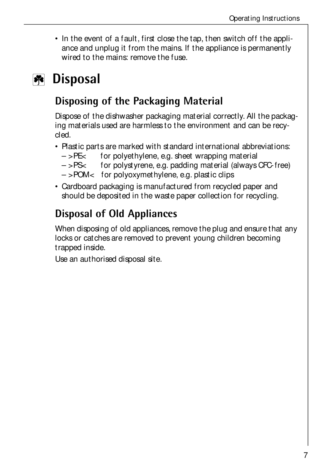 Electrolux 60750 VI manual Disposing of the Packaging Material, Disposal of Old Appliances 