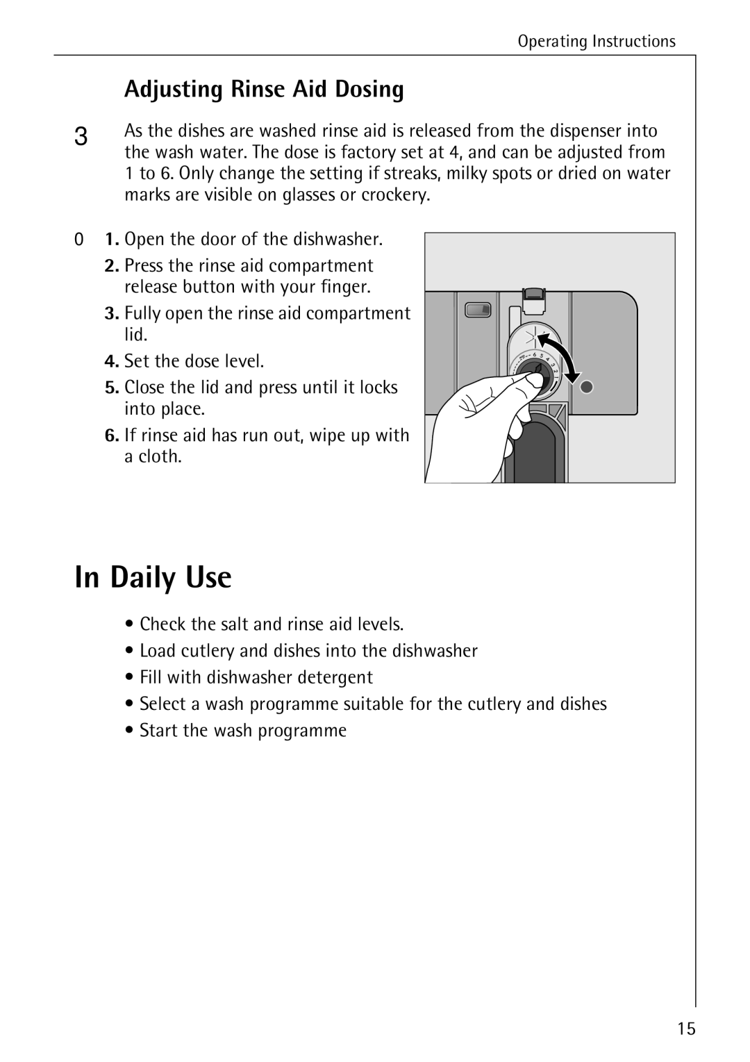 Electrolux 60800 manual Daily Use, Adjusting Rinse Aid Dosing 