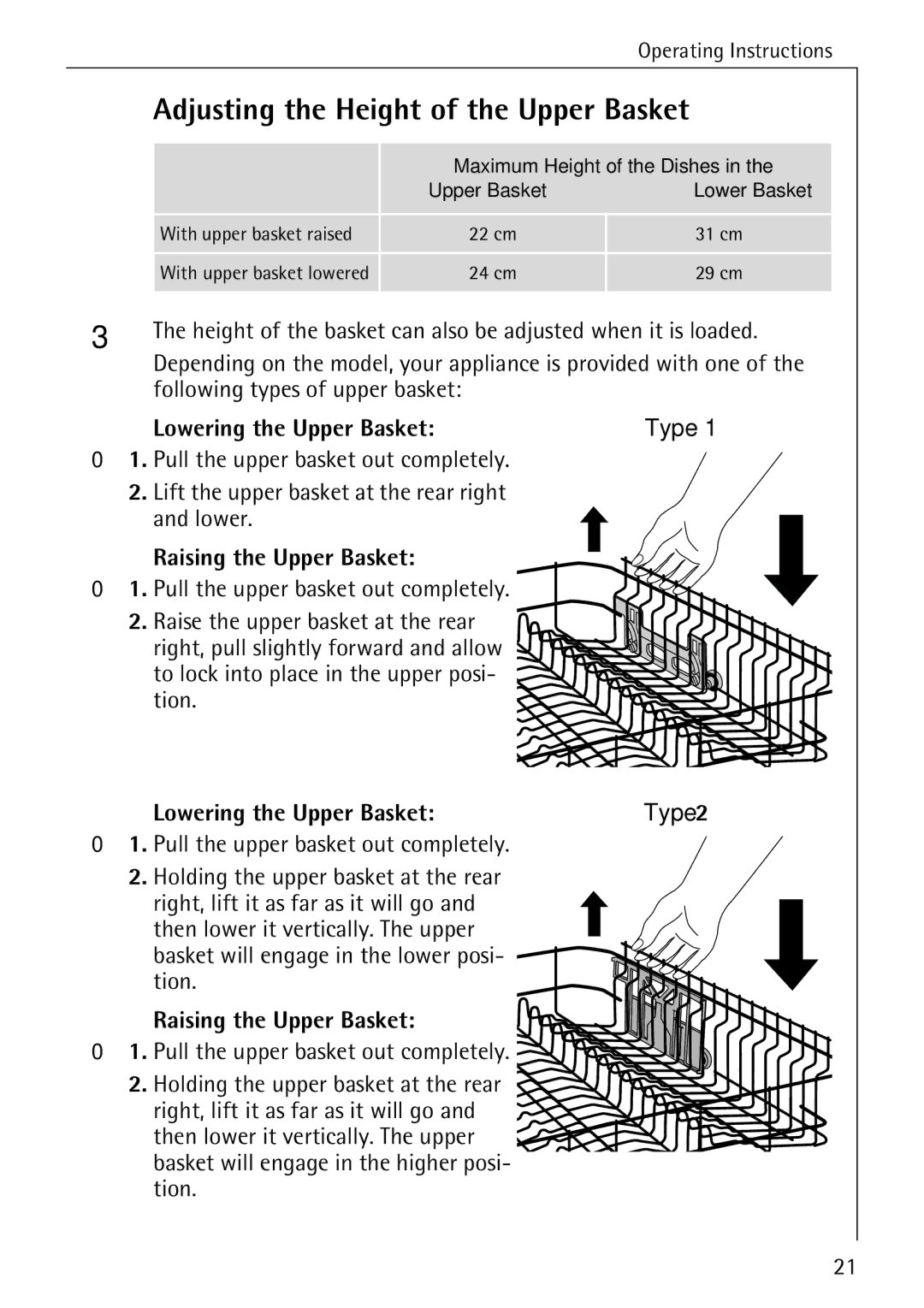 Electrolux 60800 manual Adjusting the Height of the Upper Basket, Lowering the Upper Basket Type, Raising the Upper Basket 