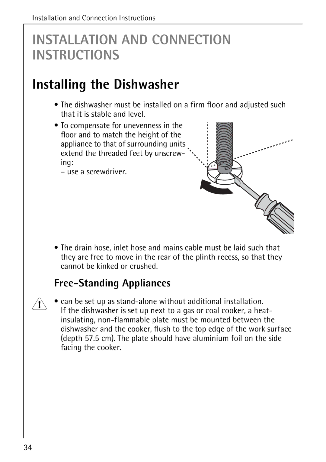 Electrolux 60800 manual Installing the Dishwasher, Free-Standing Appliances, Cannot be kinked or crushed 