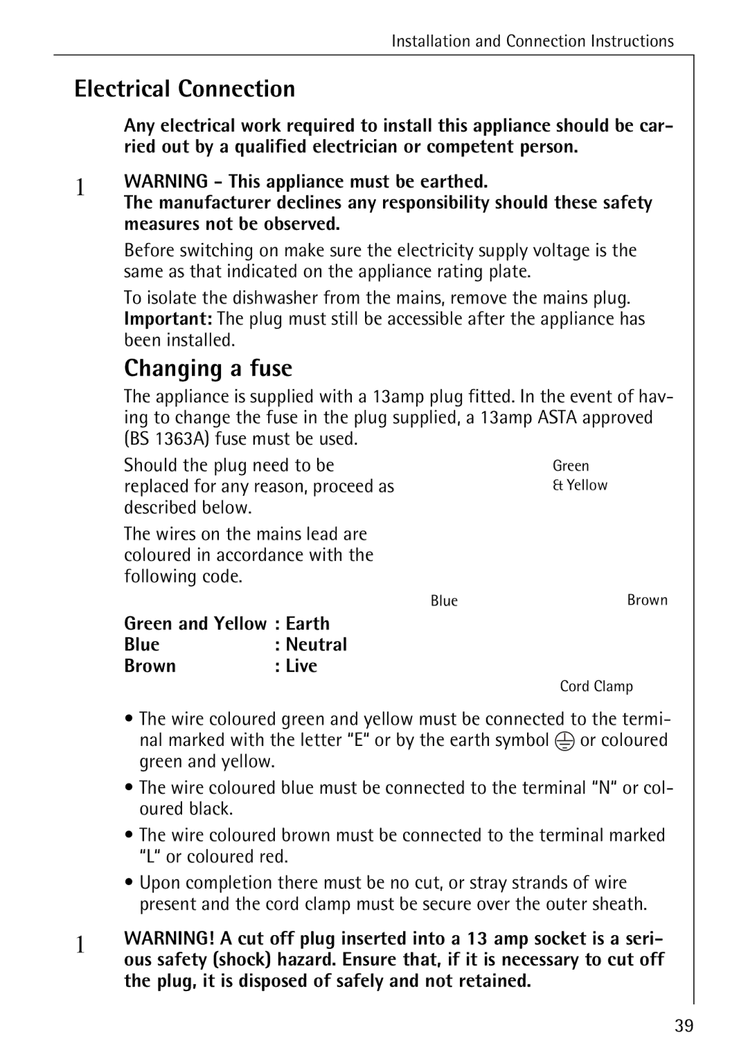 Electrolux 60800 manual Electrical Connection, Changing a fuse 