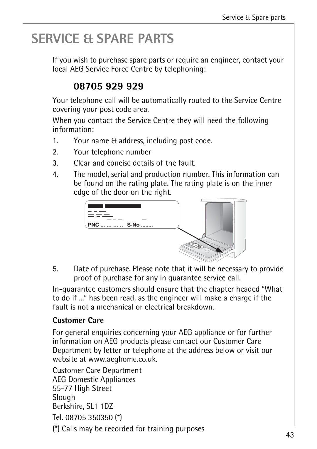 Electrolux 60800 manual 08705 929, Customer Care, Calls may be recorded for training purposes 