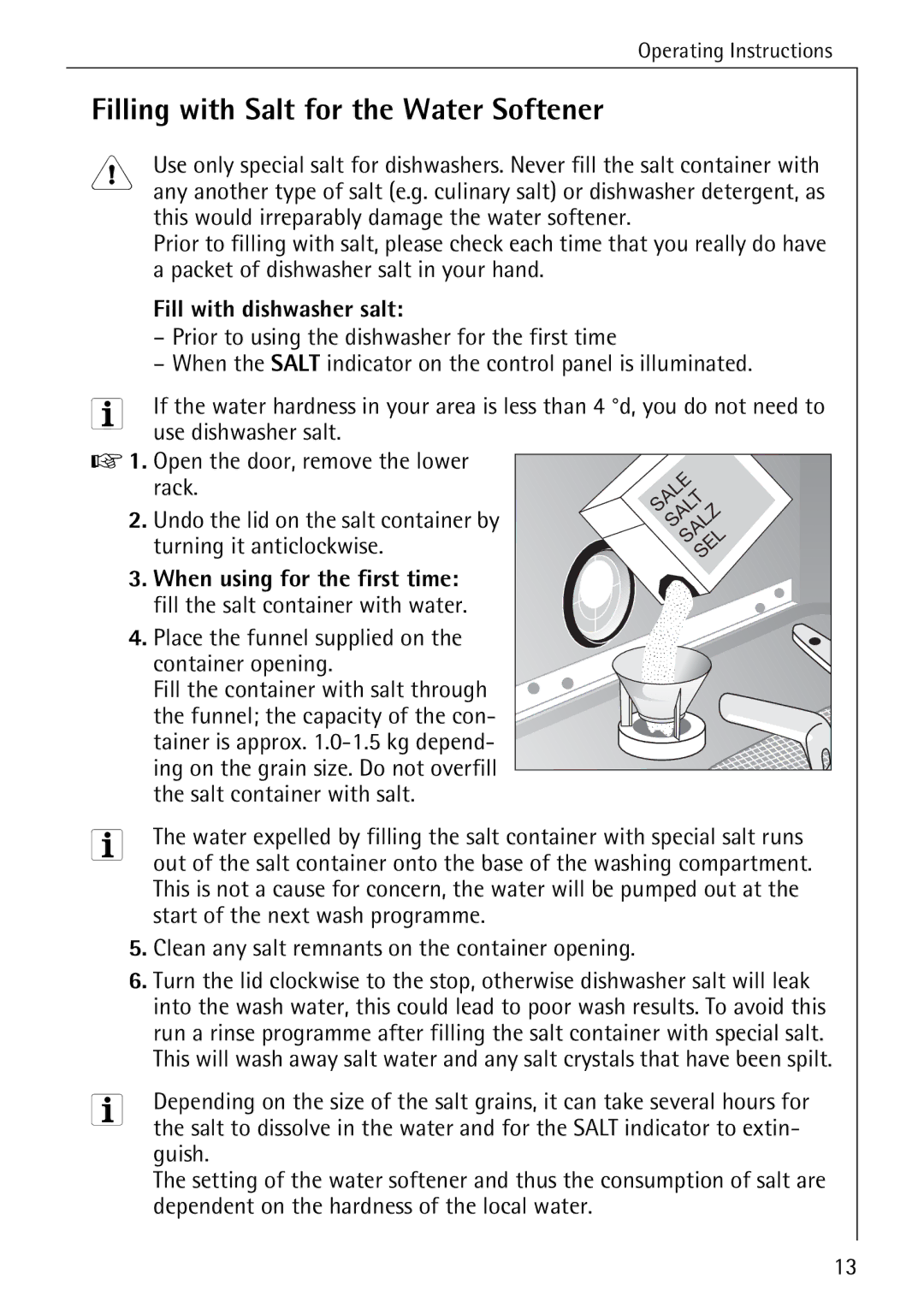 Electrolux 60820 manual Filling with Salt for the Water Softener, Fill with dishwasher salt, Turning it anticlockwise 