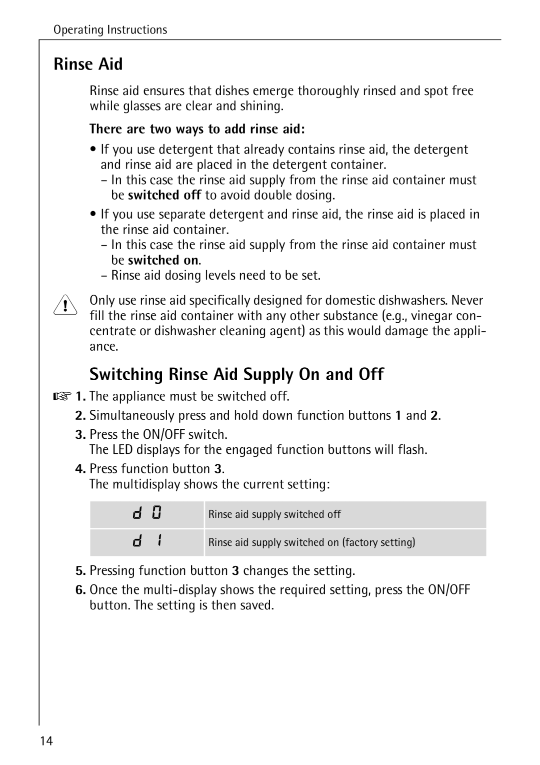 Electrolux 60820 manual Switching Rinse Aid Supply On and Off, There are two ways to add rinse aid 