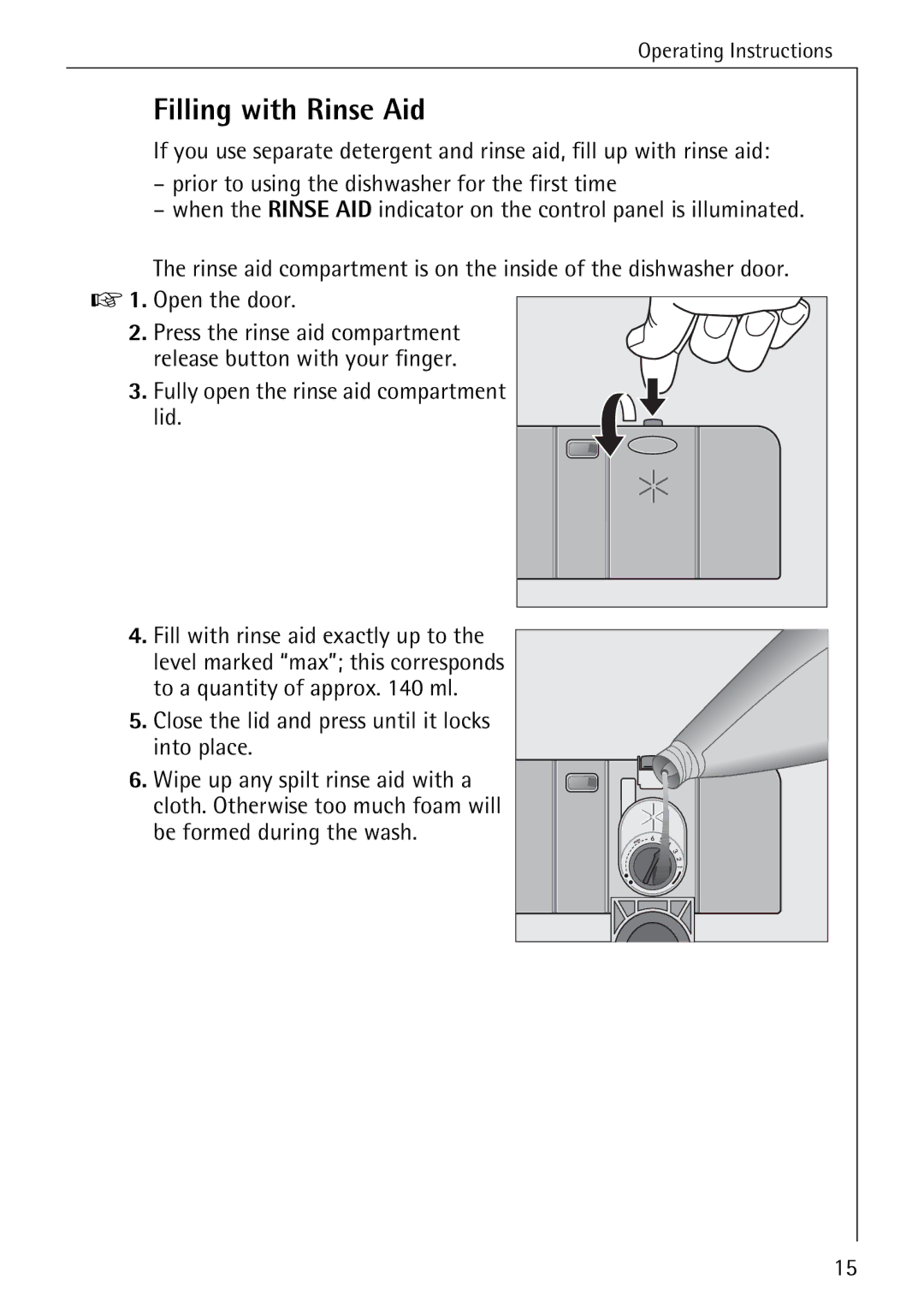 Electrolux 60820 manual Filling with Rinse Aid, Fully open the rinse aid compartment lid 