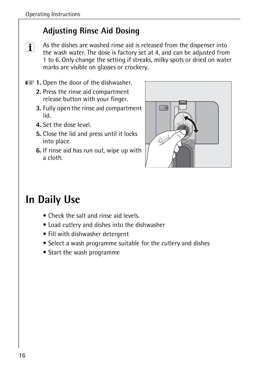 Electrolux 60820 manual Daily Use, Adjusting Rinse Aid Dosing 