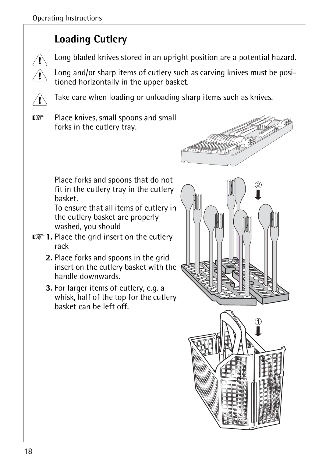 Electrolux 60820 manual Loading Cutlery, Tioned horizontally in the upper basket, Place knives, small spoons and small 