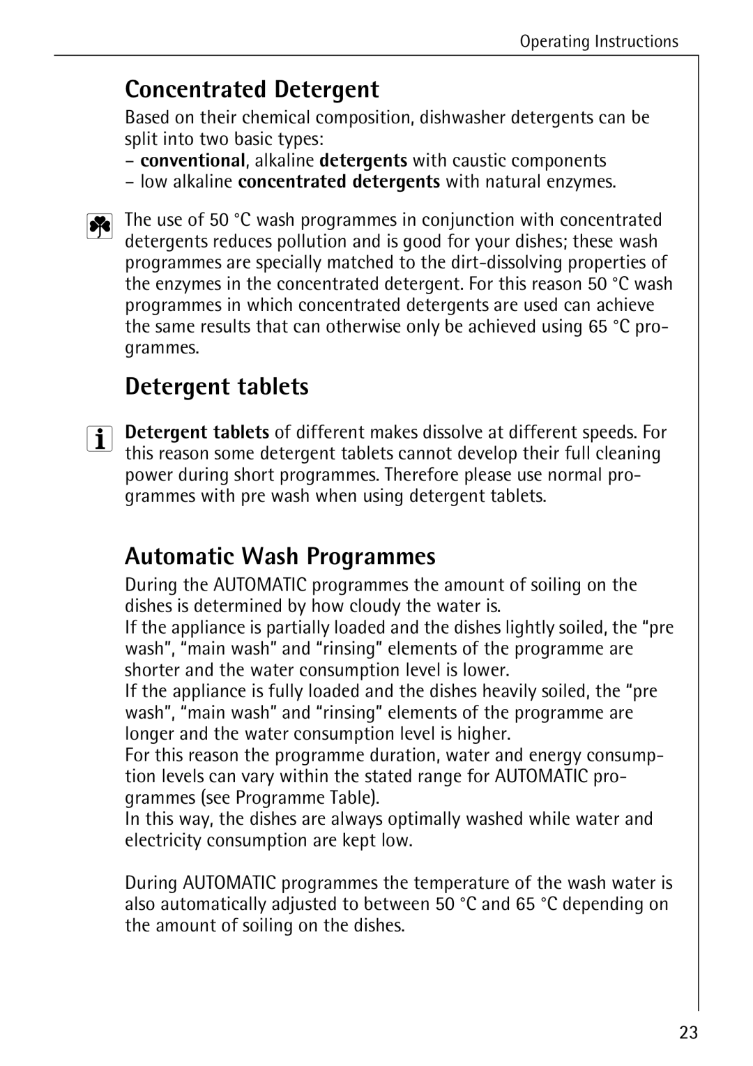 Electrolux 60820 manual Concentrated Detergent, Detergent tablets, Automatic Wash Programmes 