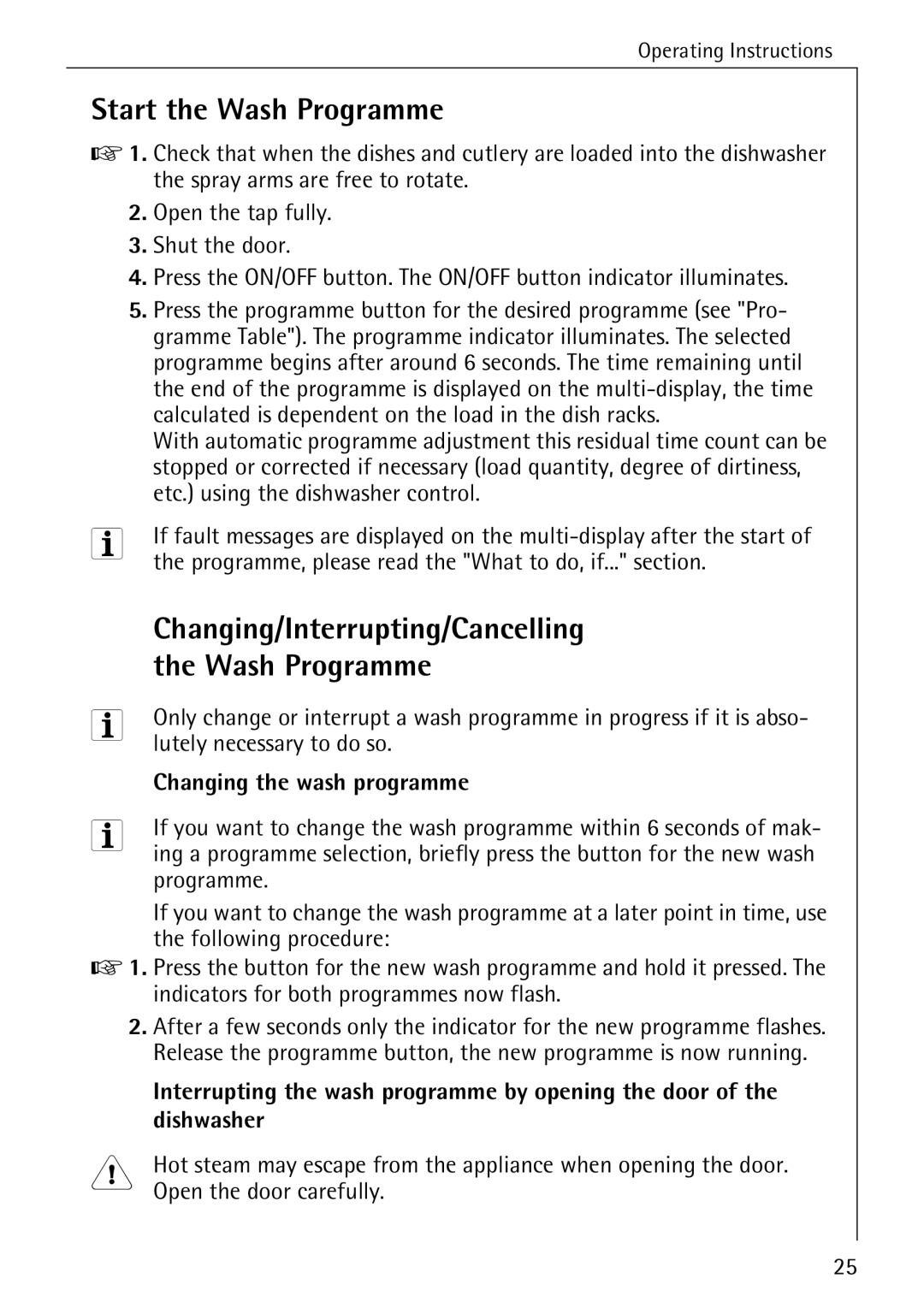 Electrolux 60820 manual Start the Wash Programme, Changing/Interrupting/Cancelling, Changing the wash programme 