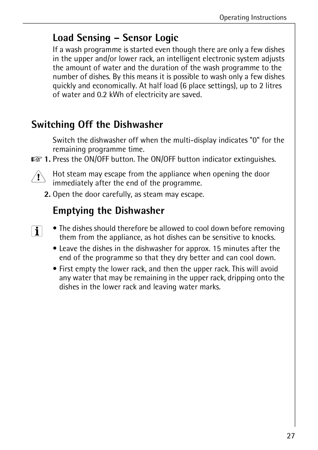 Electrolux 60820 manual Load Sensing Sensor Logic, Switching Off the Dishwasher, Emptying the Dishwasher 