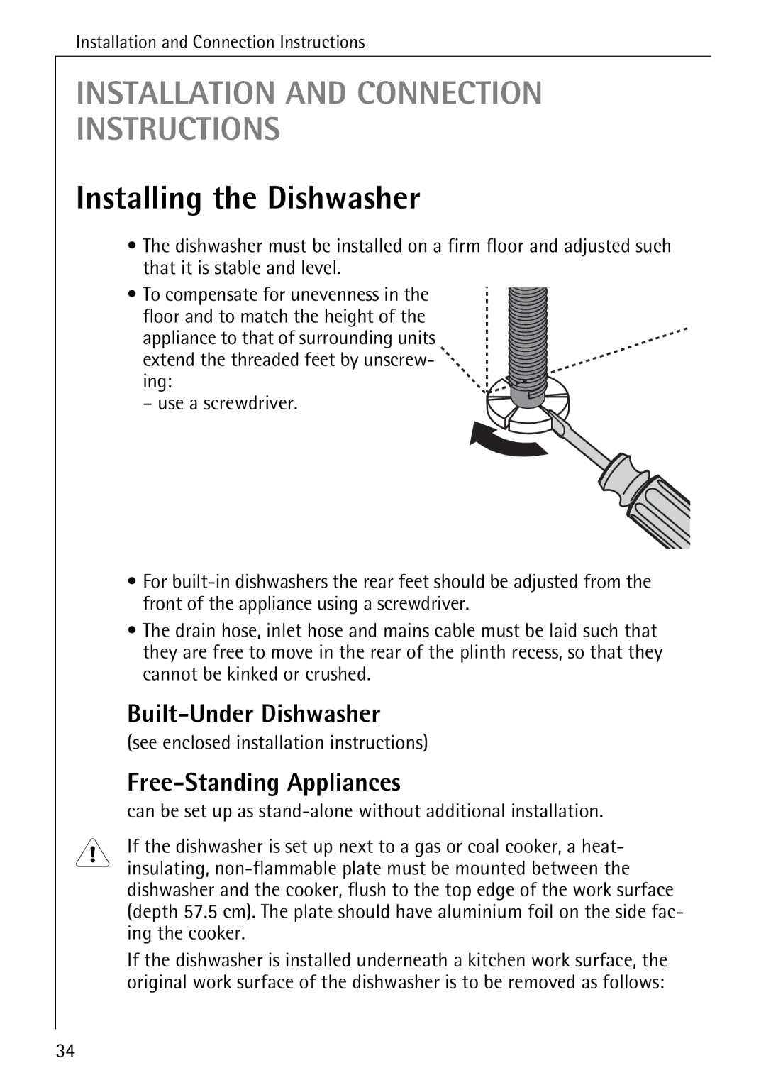 Electrolux 60820 Installing the Dishwasher, Built-Under Dishwasher, Free-Standing Appliances, Cannot be kinked or crushed 