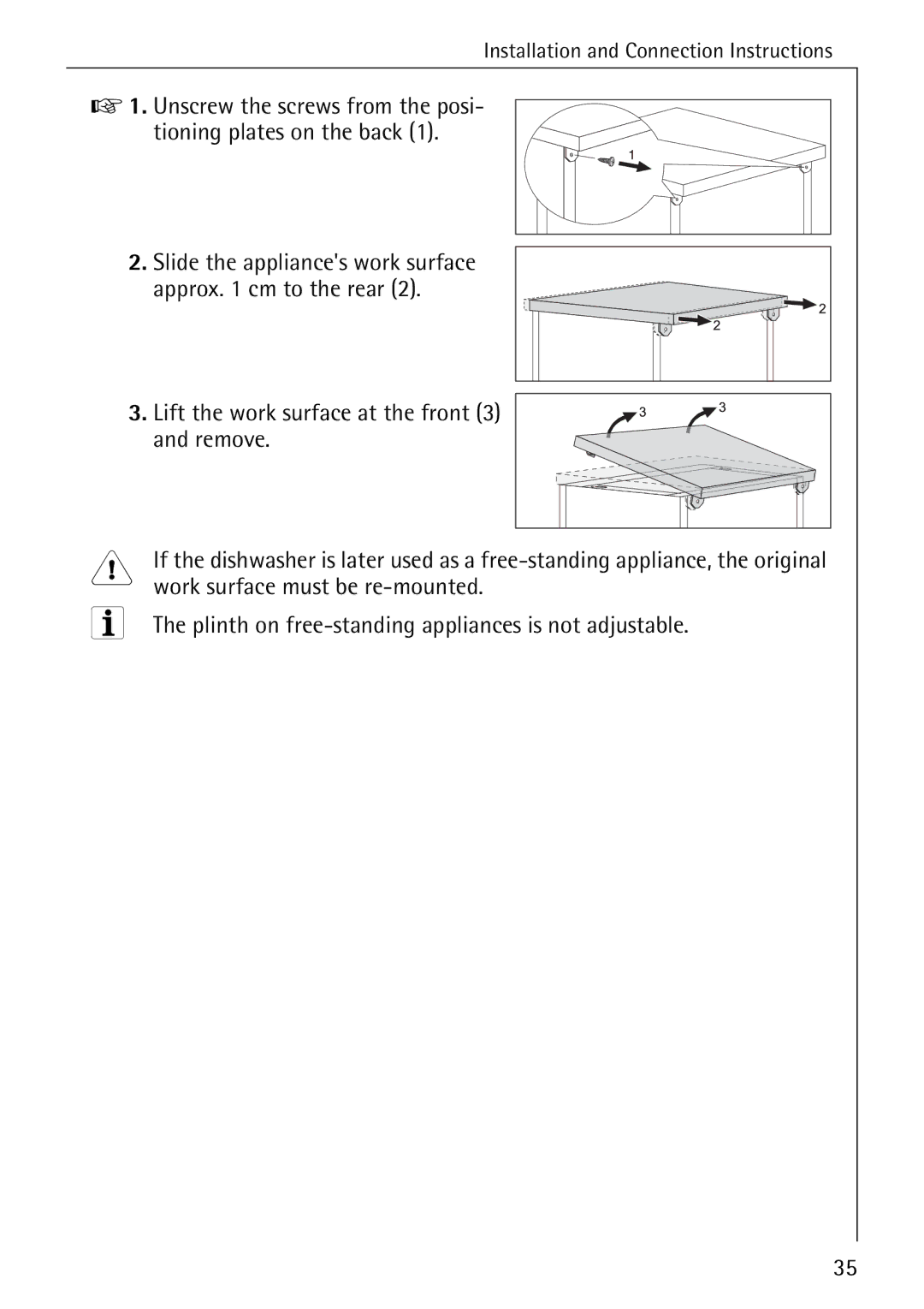 Electrolux 60820 manual Work surface must be re-mounted, Plinth on free-standing appliances is not adjustable 