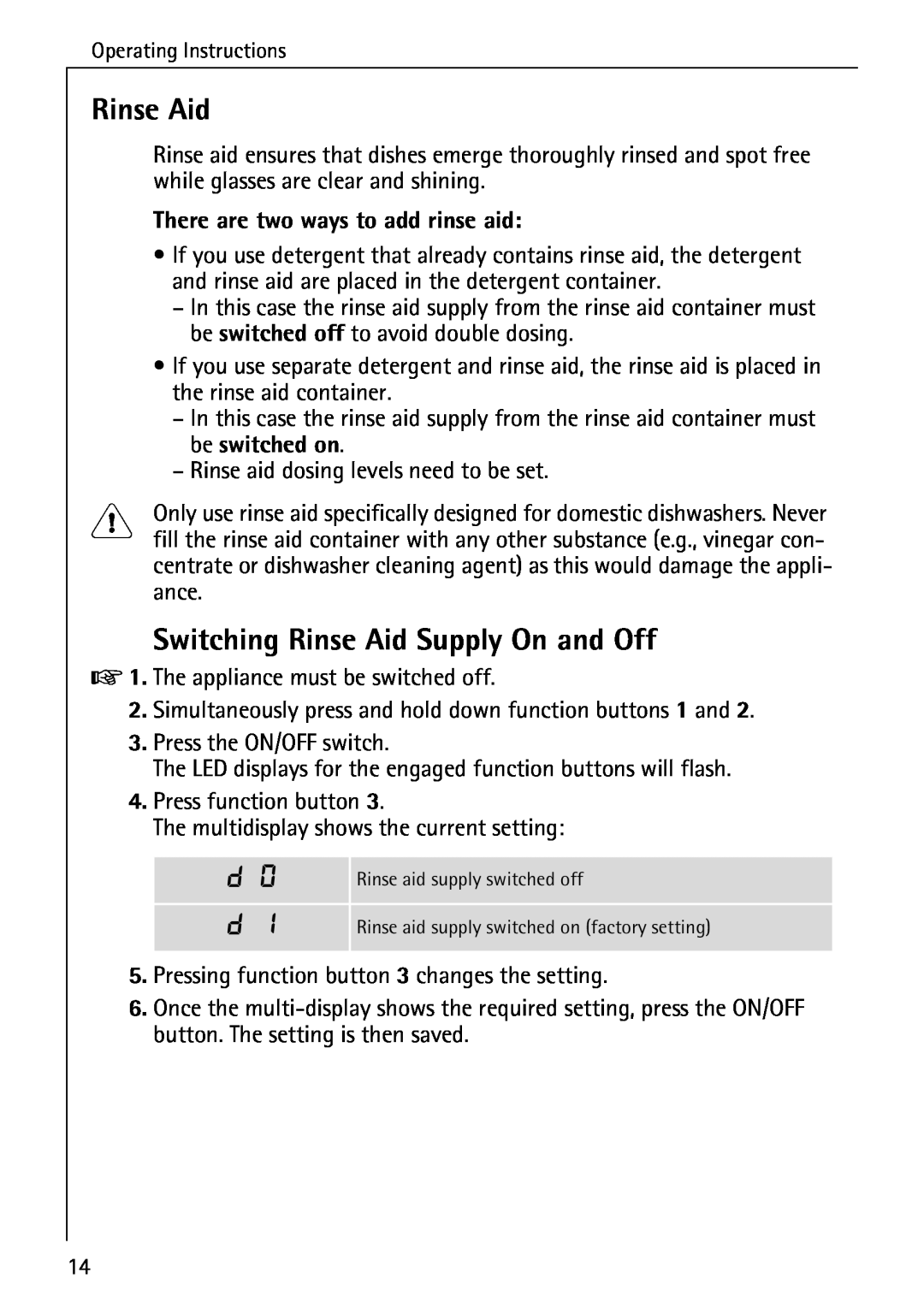 Electrolux 60820 manual Switching Rinse Aid Supply On and Off, There are two ways to add rinse aid 