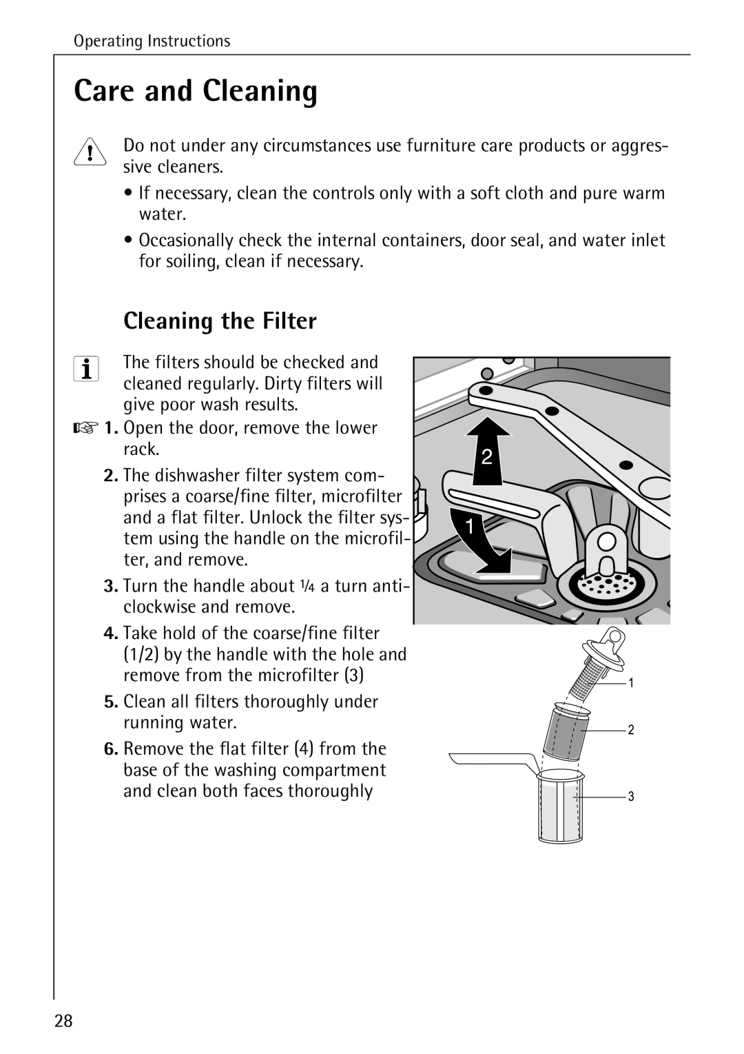 Electrolux 60820 manual Care and Cleaning, Cleaning the Filter 