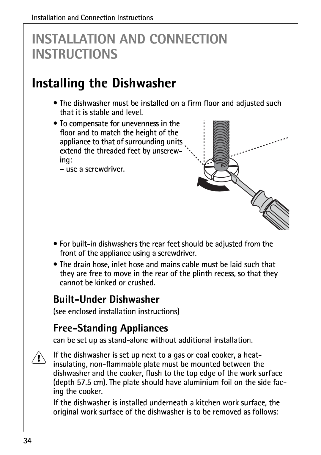 Electrolux 60820 manual Installation And Connection Instructions, Installing the Dishwasher, Built-Under Dishwasher 