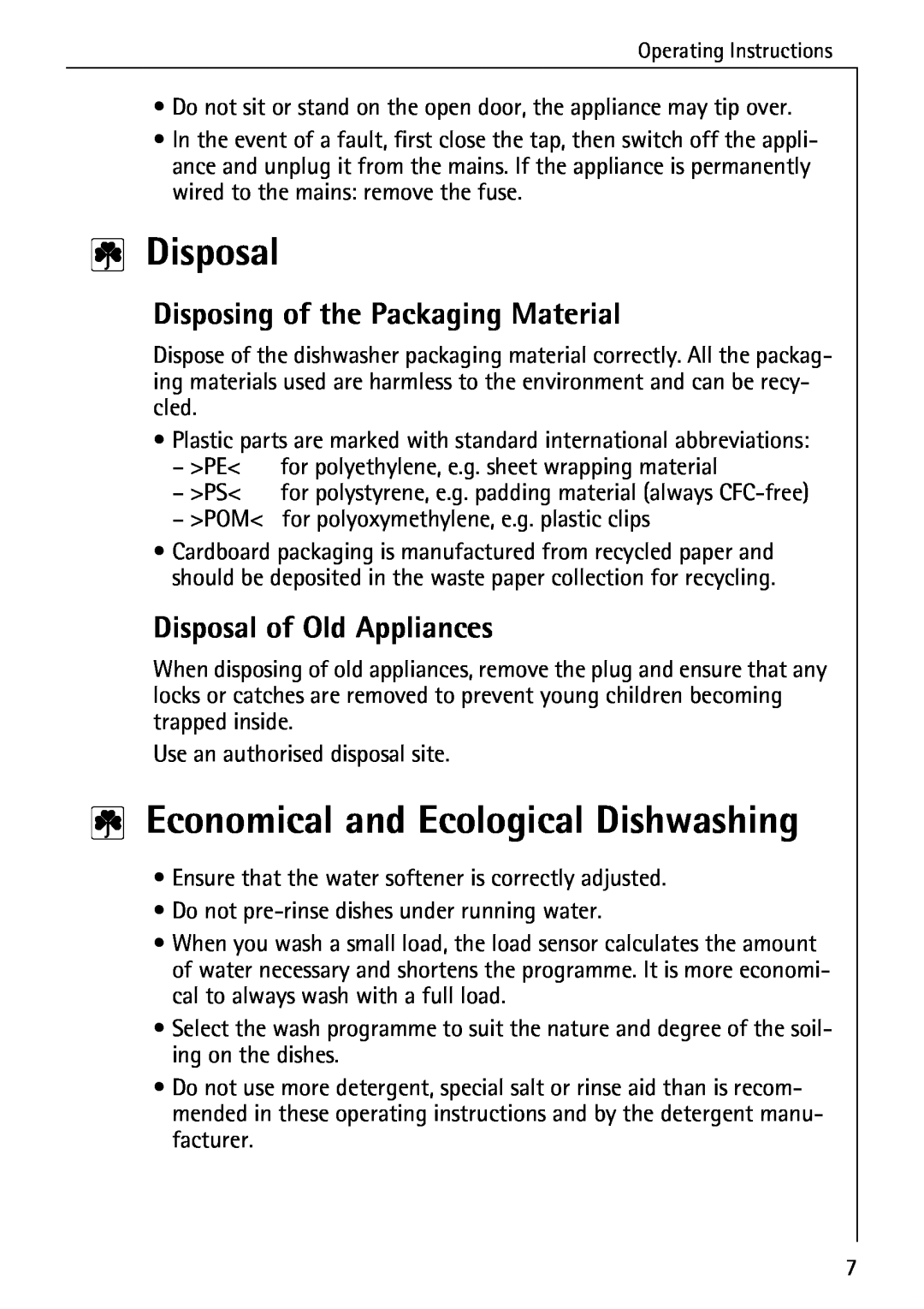 Electrolux 60820 manual Disposal, Economical and Ecological Dishwashing, Disposing of the Packaging Material 