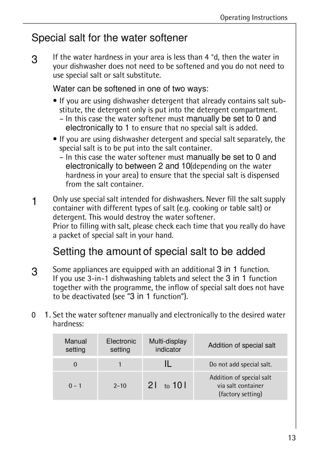 Electrolux 60830 manual Special salt for the water softener, Use special salt or salt substitute 