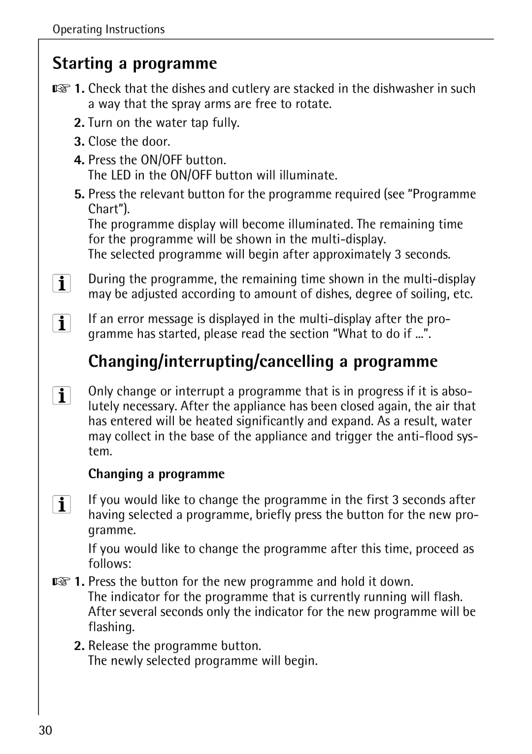 Electrolux 60830 manual Starting a programme, Changing/interrupting/cancelling a programme, Changing a programme 