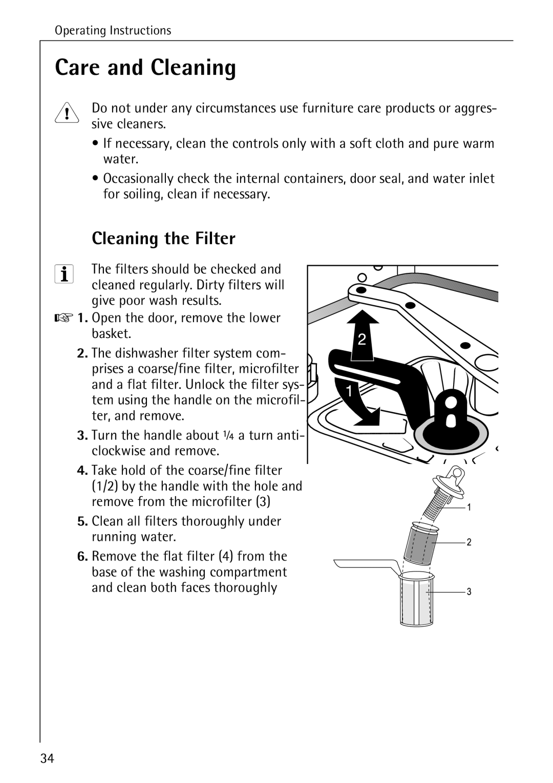 Electrolux 60830 manual Care and Cleaning, Cleaning the Filter 