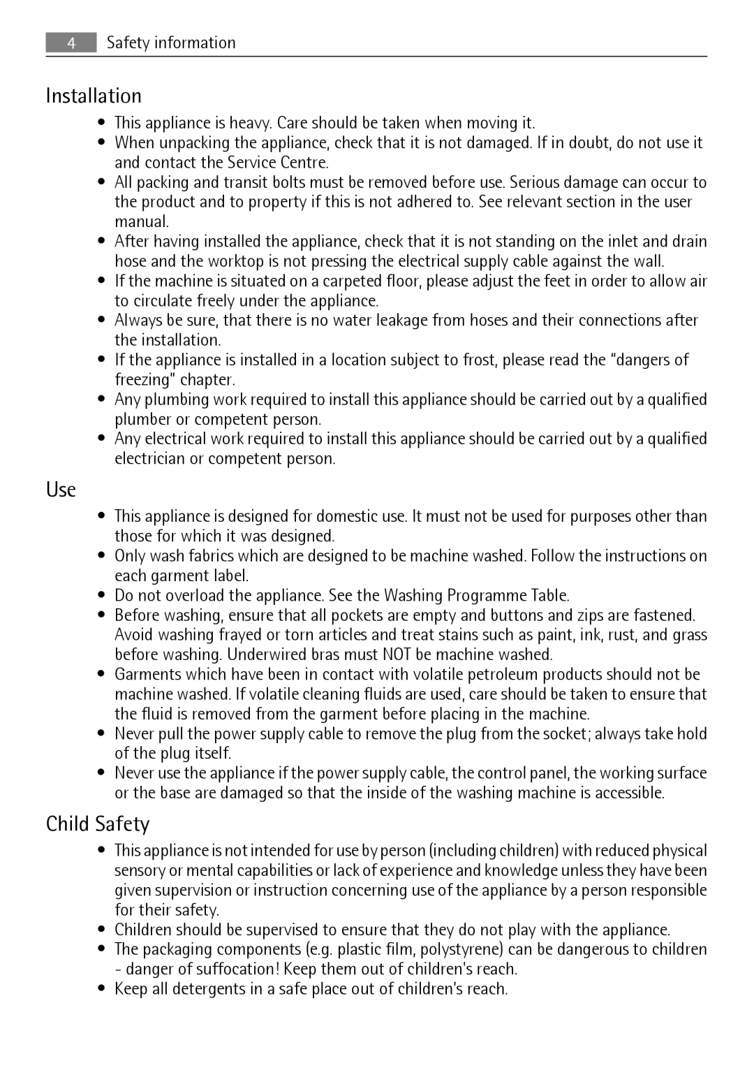 Electrolux 60840 L, 62840 L user manual Installation, Use, Child Safety 