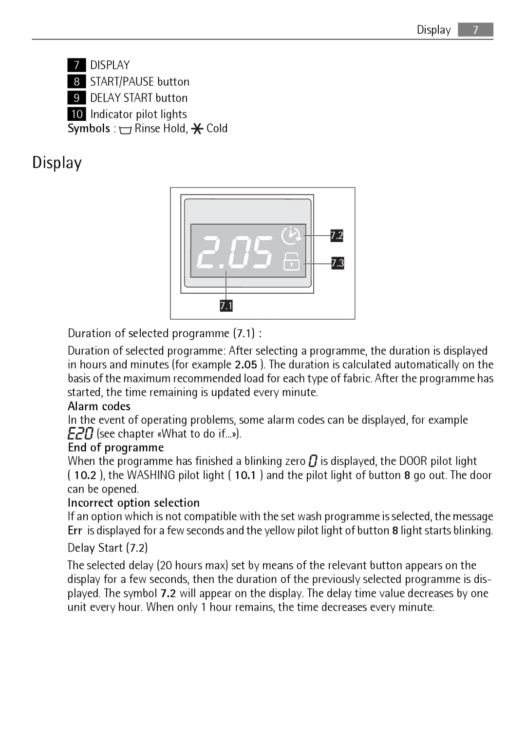 Electrolux 62840 L, 60840 L user manual Display, START/PAUSE button Delay Start button, Duration of selected programme 