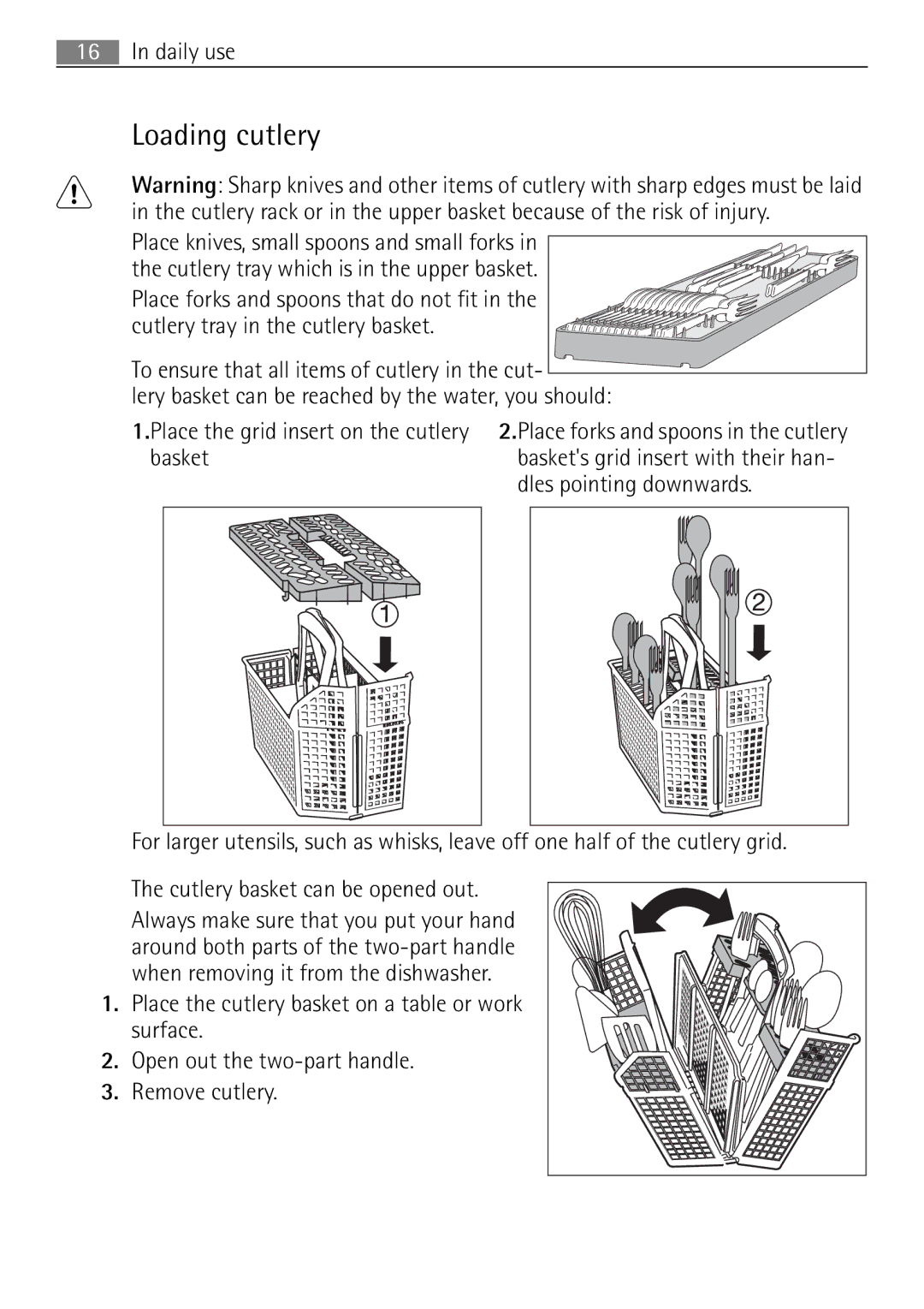 Electrolux 60870 Loading cutlery, Place knives, small spoons and small forks, Cutlery tray in the cutlery basket 