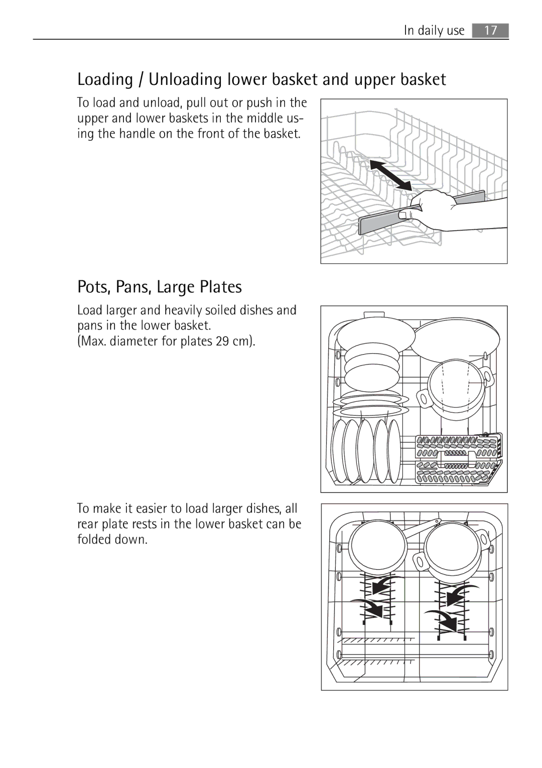 Electrolux 60870 user manual Loading / Unloading lower basket and upper basket, Pots, Pans, Large Plates 