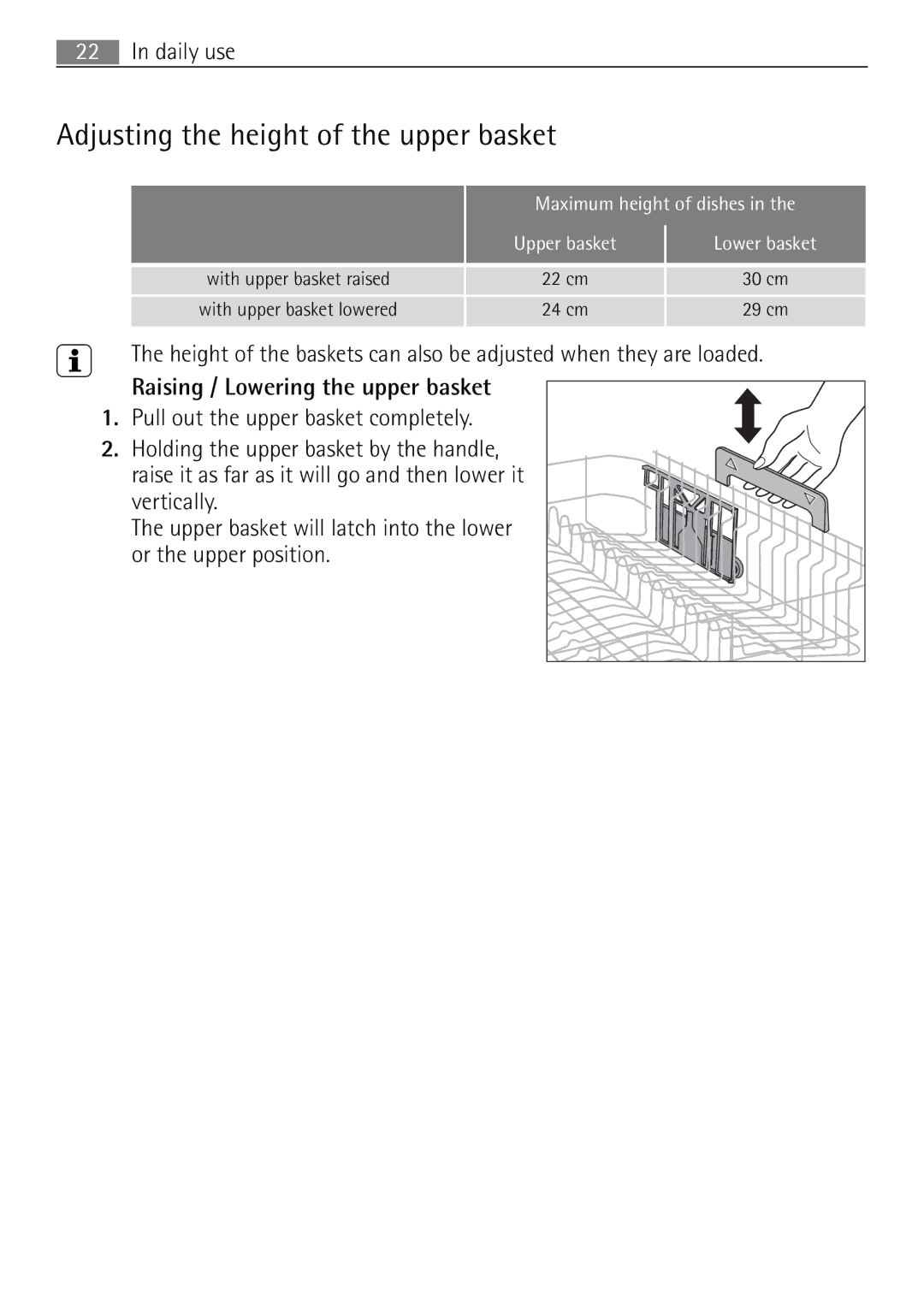 Electrolux 60870 user manual Adjusting the height of the upper basket, With upper basket lowered 24 cm 29 cm 