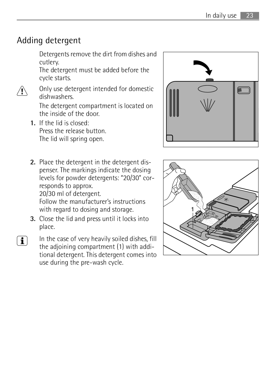 Electrolux 60870 user manual Adding detergent, 20/30 ml of detergent, Close the lid and press until it locks into place 