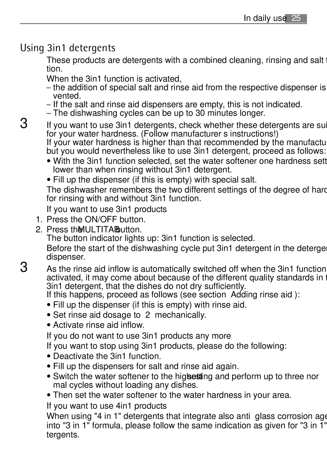 Electrolux 60870 user manual Using 3in1 detergents 