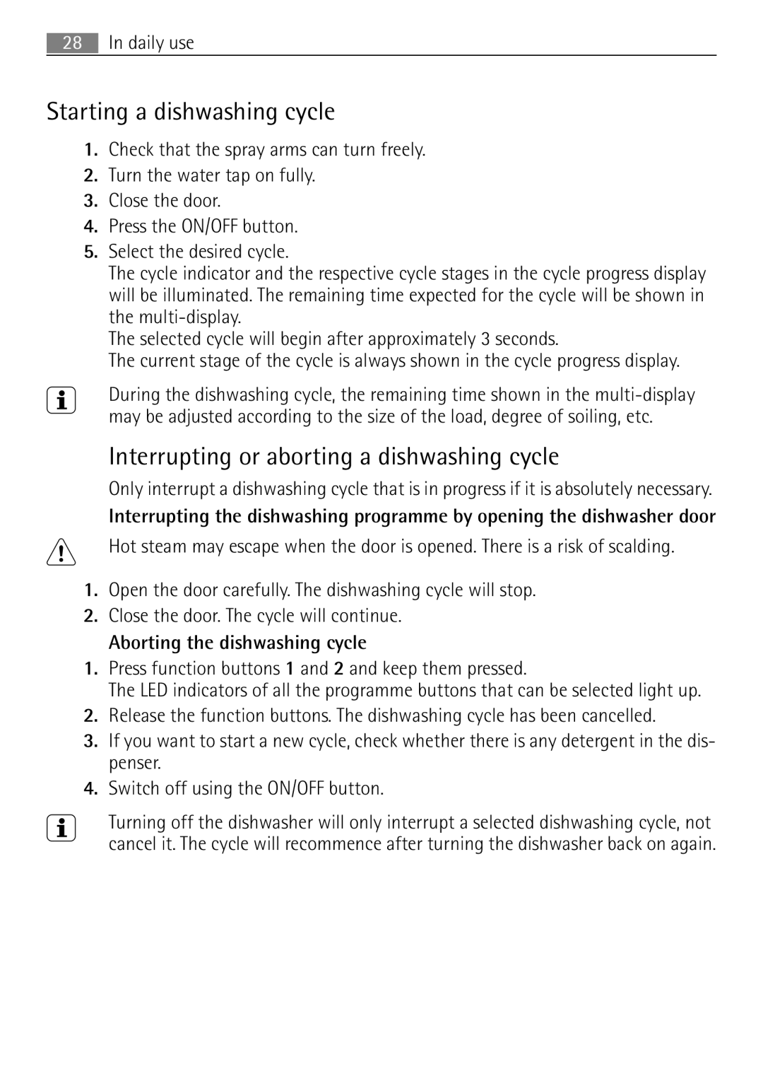 Electrolux 60870 user manual Starting a dishwashing cycle, Interrupting or aborting a dishwashing cycle 