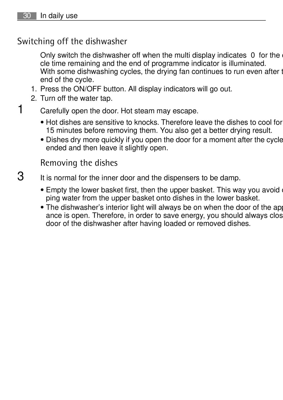 Electrolux 60870 user manual Switching off the dishwasher, Removing the dishes 