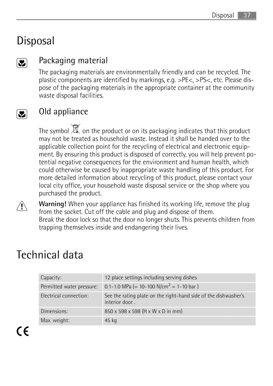 Electrolux 60870 user manual Disposal, Technical data, Packaging material, Old appliance 