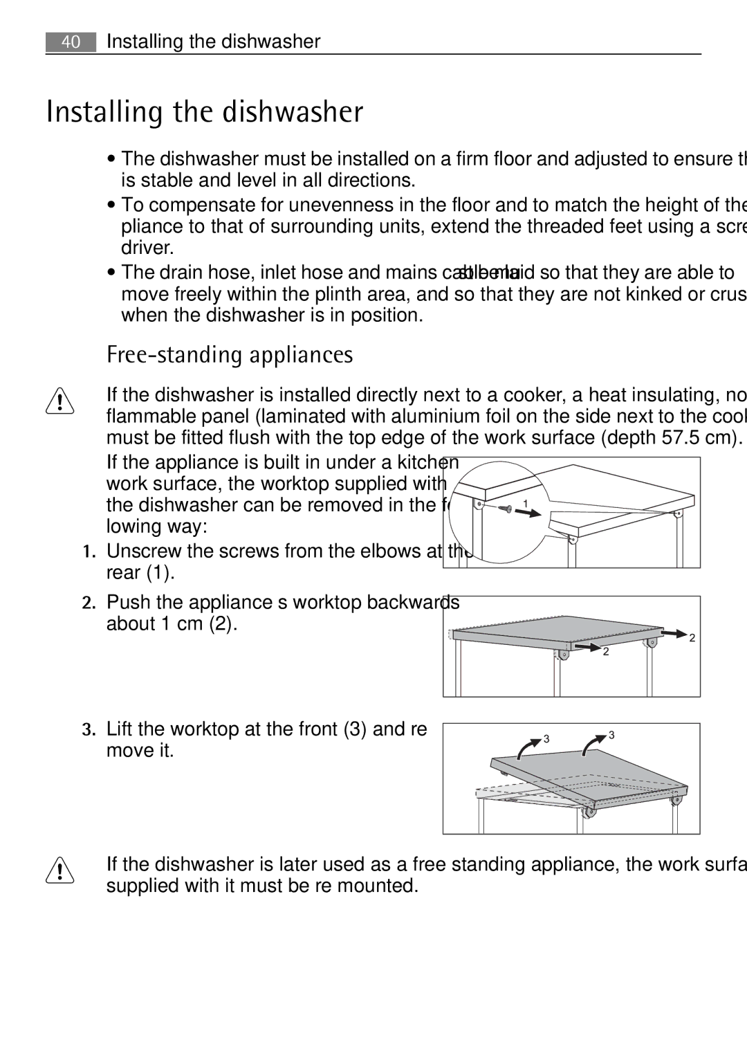 Electrolux 60870 user manual Installing the dishwasher, Free 