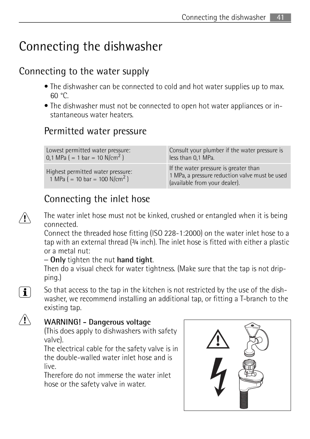 Electrolux 60870 user manual Connecting the dishwasher, Connecting to the water supply, Permitted water pressure 