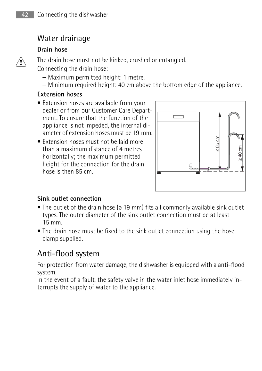 Electrolux 60870 user manual Water drainage, Anti, Extension hoses, Sink outlet connection 