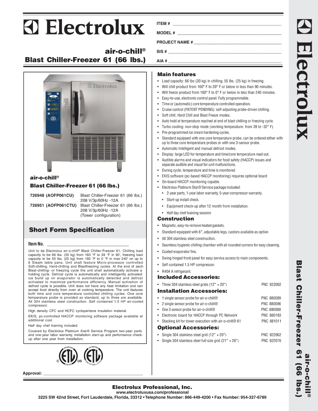 Electrolux 726951, 726948 warranty Air-o-chill, Air-o Blast Chiller-Freezer 61, Chilllbs, Short Form Specification 