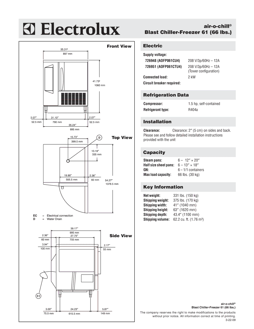 Electrolux 726948, 726951, AOFP061CU, AOFP061CTU warranty Air-o-chillBlast Chiller-Freezer 61 66 lbs 