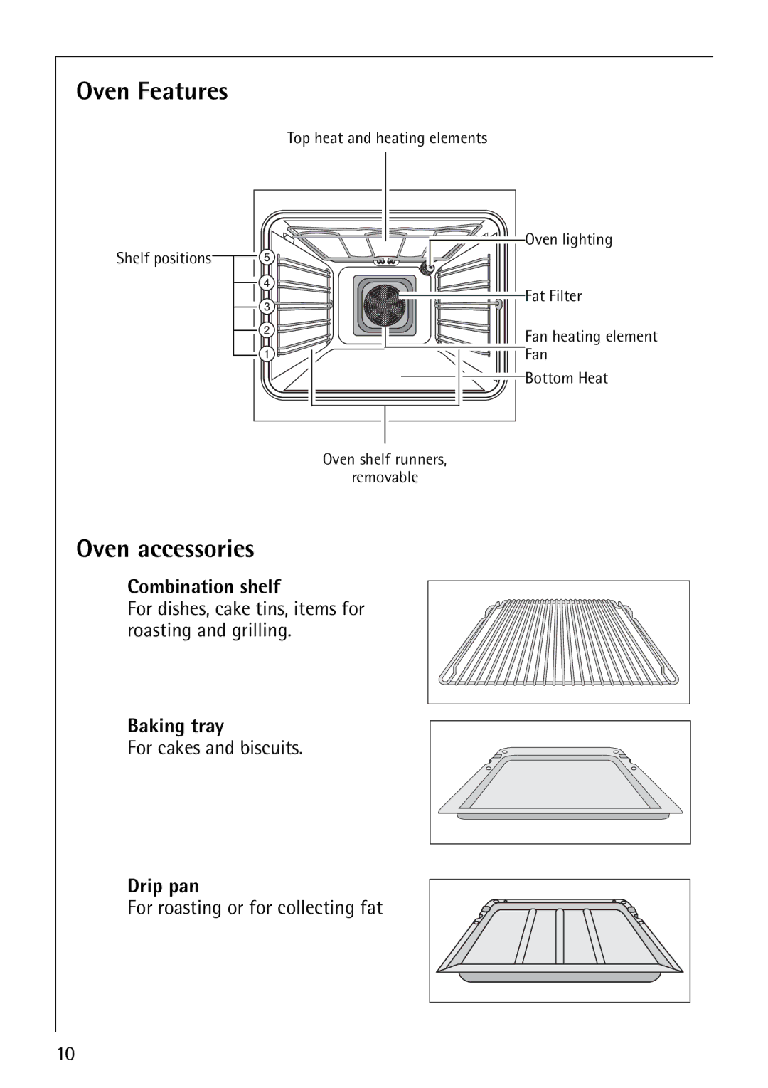 Electrolux 61016VI operating instructions Oven Features, Oven accessories, Combination shelf, Baking tray, Drip pan 