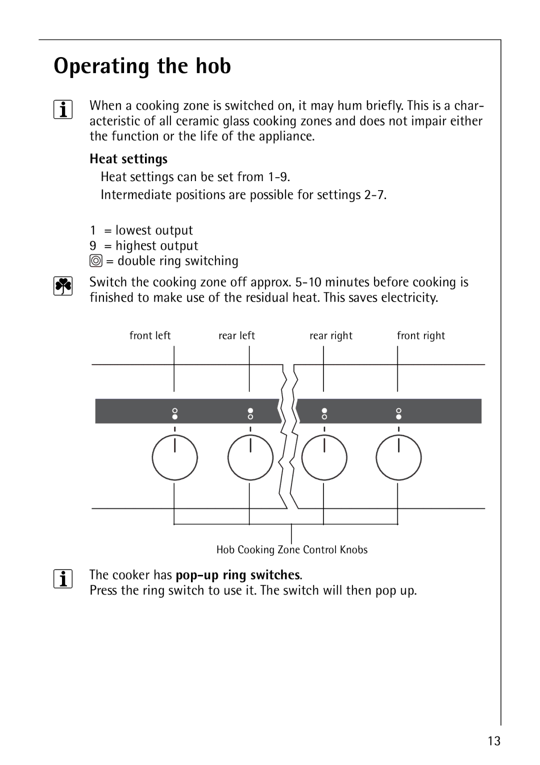 Electrolux 61016VI operating instructions Operating the hob, Heat settings, Cooker has pop-up ring switches 