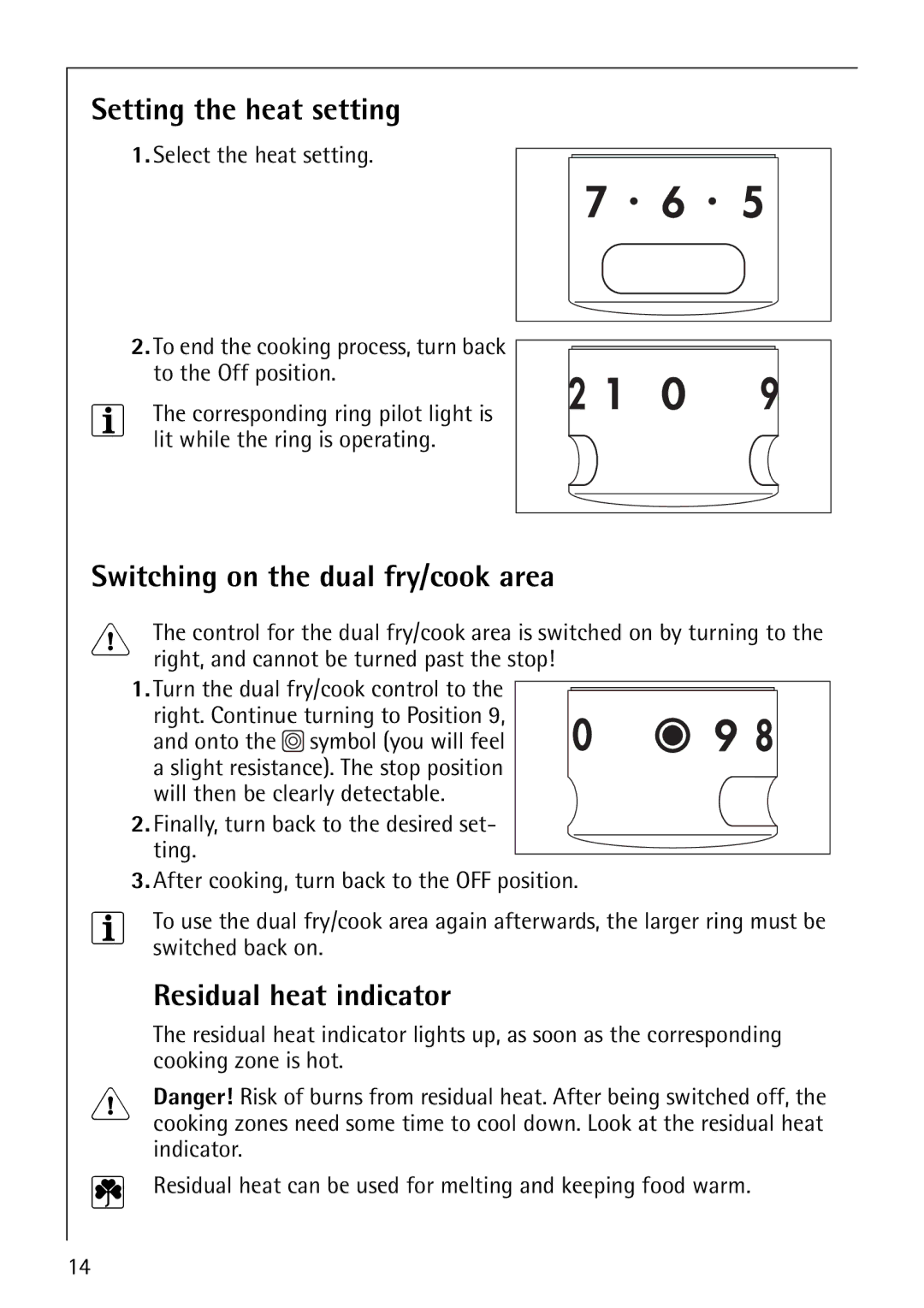 Electrolux 61016VI Setting the heat setting, Switching on the dual fry/cook area, Residual heat indicator 