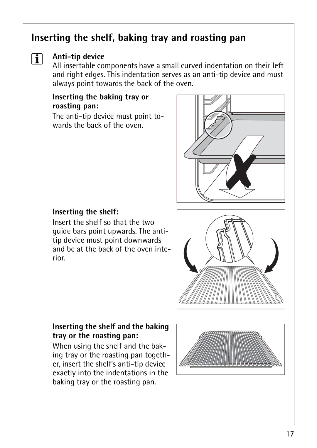 Electrolux 61016VI operating instructions Inserting the shelf, baking tray and roasting pan, Anti-tip device 