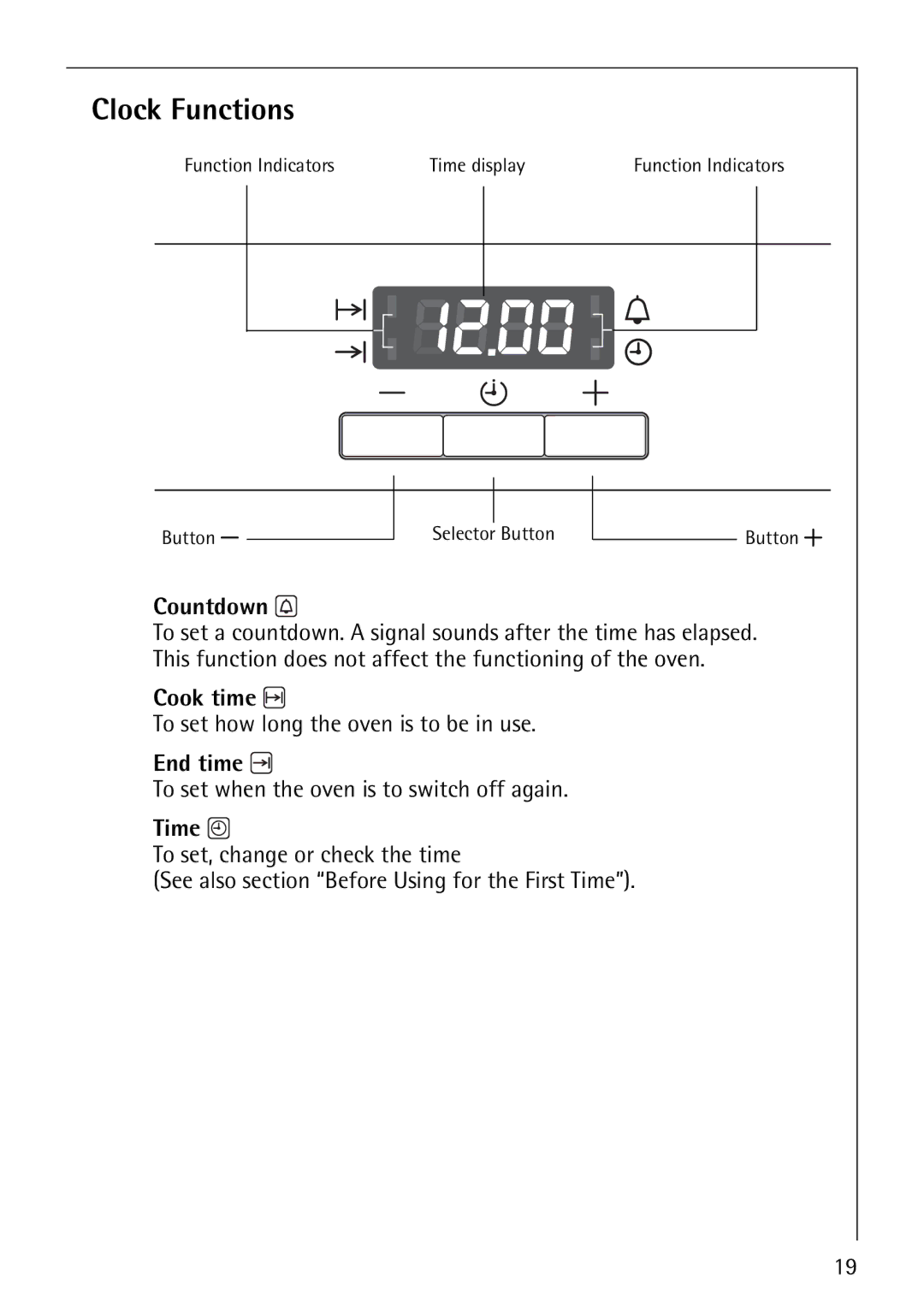 Electrolux 61016VI operating instructions Clock Functions, Countdown, Cook time, End time, Time 