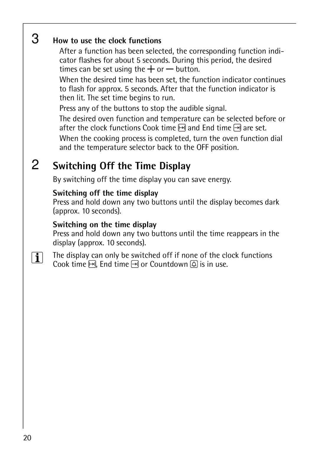 Electrolux 61016VI Switching Off the Time Display, How to use the clock functions, Switching off the time display 