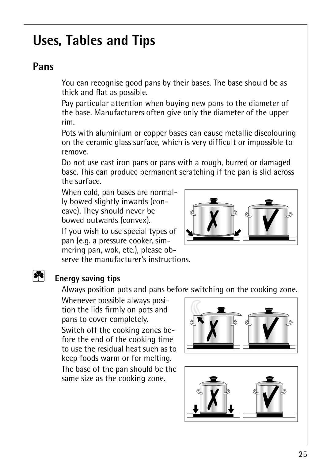 Electrolux 61016VI operating instructions Uses, Tables and Tips, Pans, Energy saving tips 