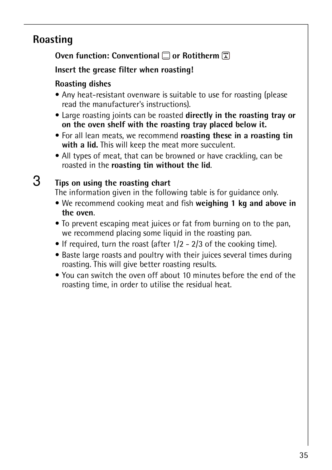 Electrolux 61016VI operating instructions Roasting, Tips on using the roasting chart 