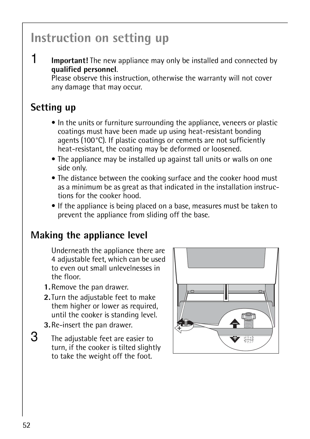 Electrolux 61016VI operating instructions Setting up, Making the appliance level, Re-insert the pan drawer 